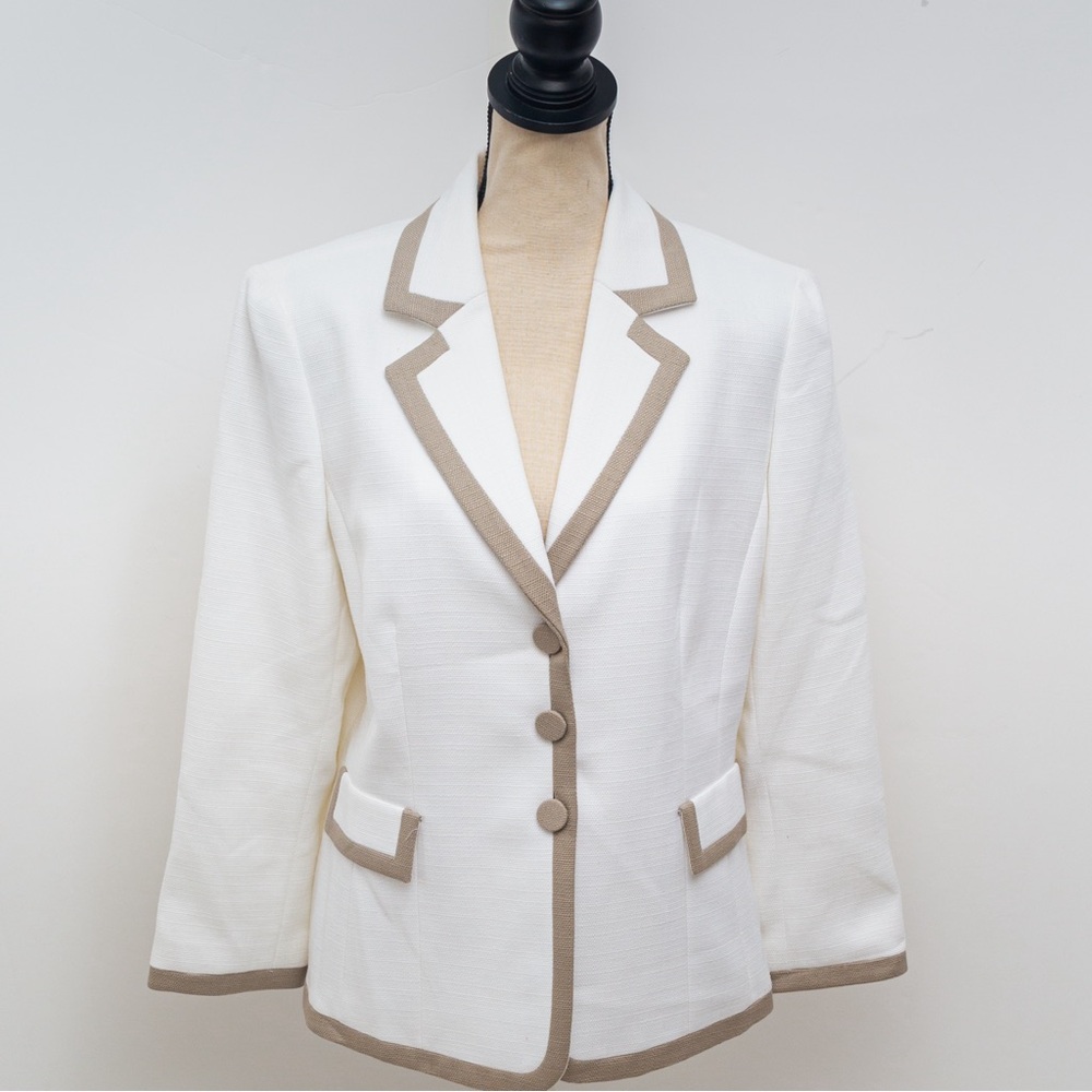 Tailored blazer jacket white tan khaki trim summer blazer Tahari 14 - Picture 12 of 15